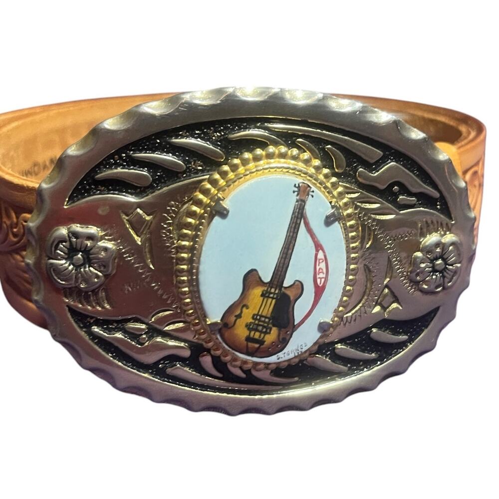 Justin Boots Top Grain Cowhide Tooled Leather Belt size 26 #163 N Guitar Buckle
